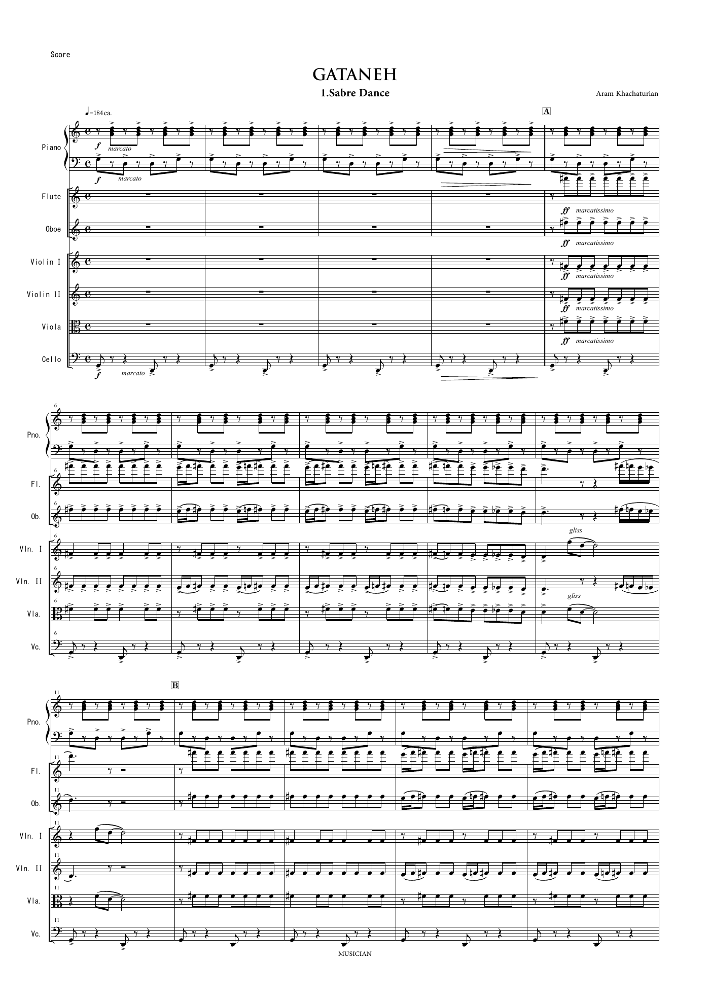 ハチャトゥリアン作曲「剣の舞」のオーケストラスコア