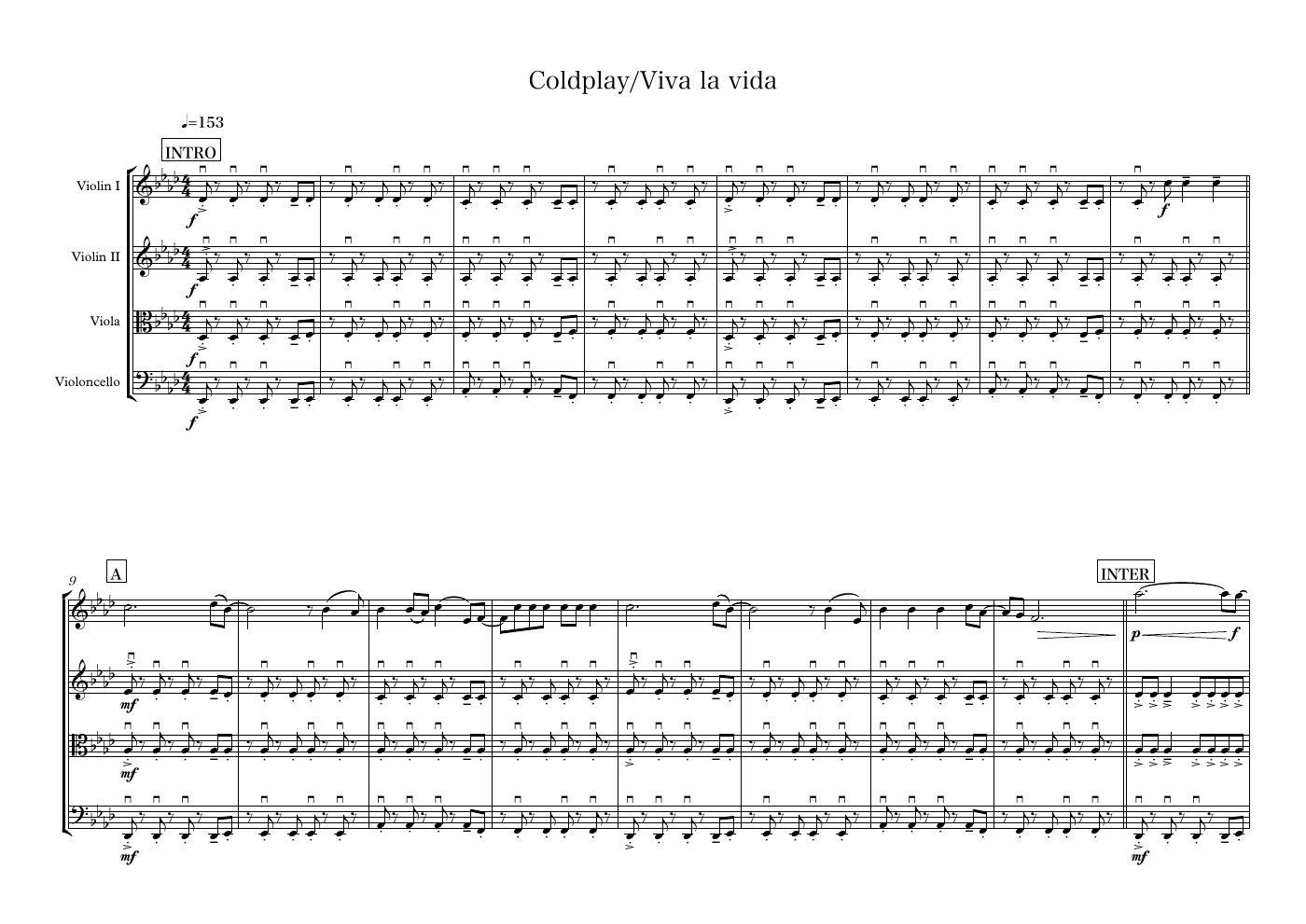 Coldplay「Viva la Vida」の弦楽四重奏スコア